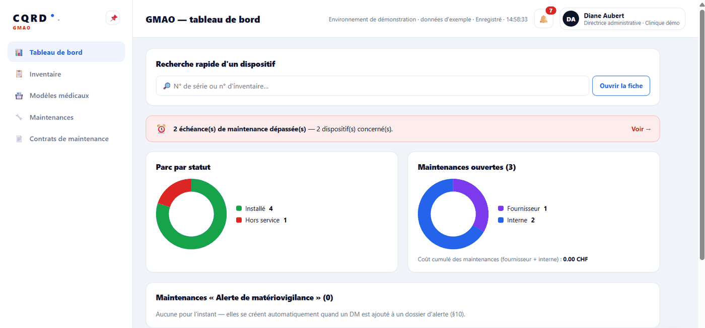 Tableau de bord de la GMAO : recherche rapide d'un dispositif, bandeau des échéances de maintenance dépassées, répartition du parc par statut et interventions ouvertes par type d'intervenant, avec le coût cumulé.