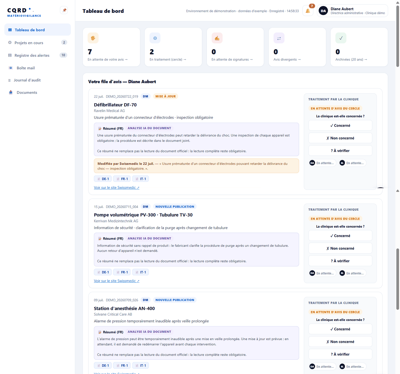 Tableau de bord de la matériovigilance : compteurs des alertes en attente d'avis, en traitement, en attente de signatures, avis divergents et archivées ; puis la file d'avis, chaque alerte avec son résumé et les boutons « Concerné », « Non concerné » et « À vérifier ».