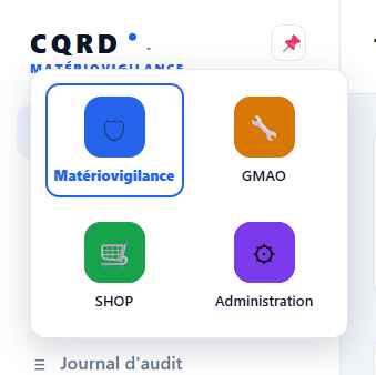 Sélecteur de modules de l'application : quatre pastilles colorées — Matériovigilance en bleu, GMAO en ambre, SHOP en vert et Administration en violet.